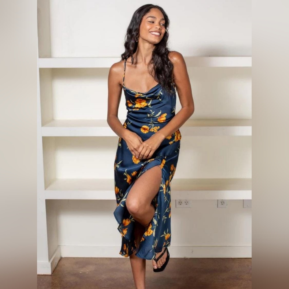 Floral Satin Slip Dress in Navy with Yellow Flowers